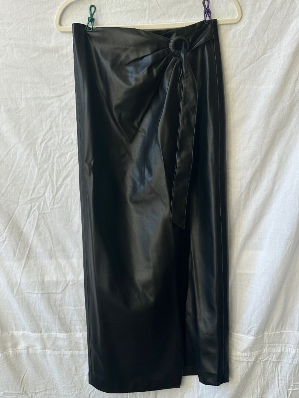 MNG Mango Black Faux Leather Wrap Midi Skirt Knot Detail XS